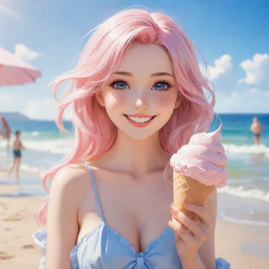 aitrending amazing hd art anime detailed aesthetic beautiful woman smile blush holding ice cream at beach good looking fantastic 1