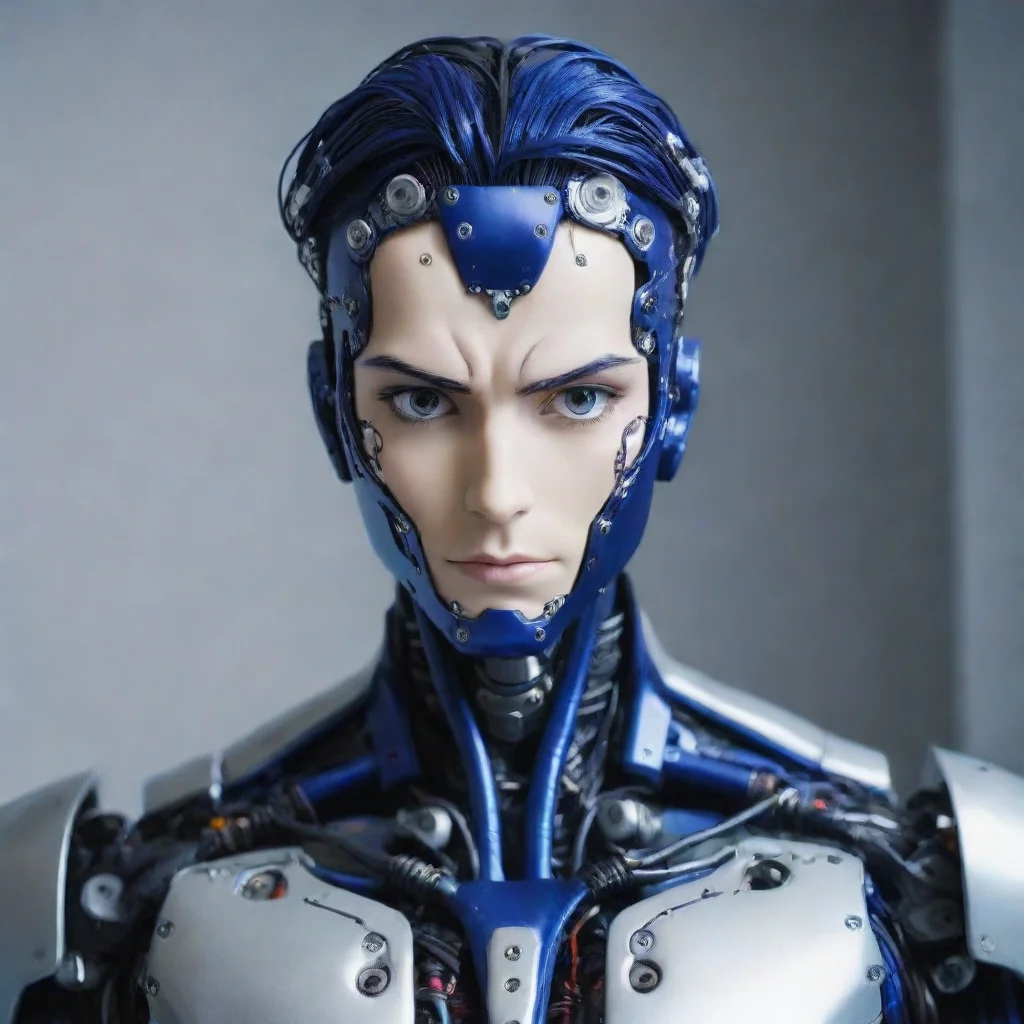 trending amazing jojo bizarre adventure humanoid robot with dark blue metal and electric cables attached to him awesome portrait 2 good looking fantastic 1