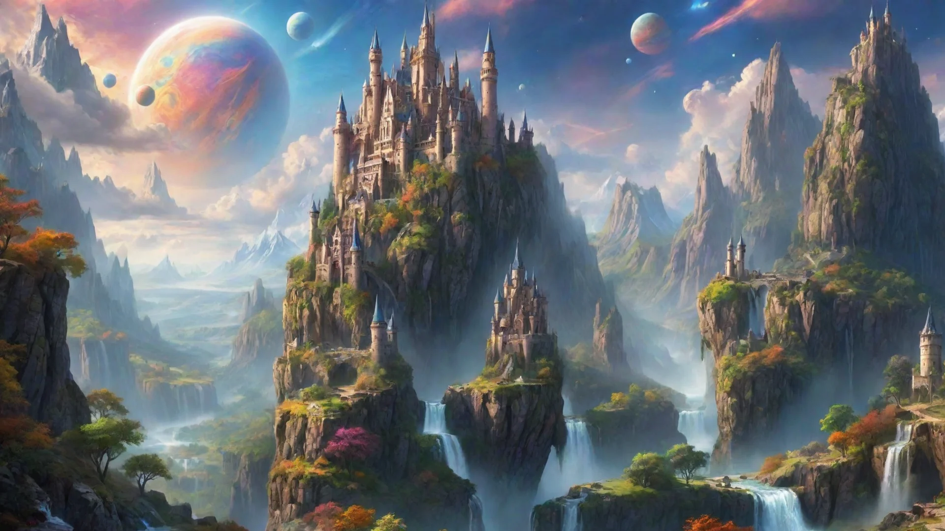 trending amazing scenery hd detailed colorful planets in sky realistic castles spiral towers high cliffs waterfalls beautiful wonderful aesthetic good looking fantastic 1 wide