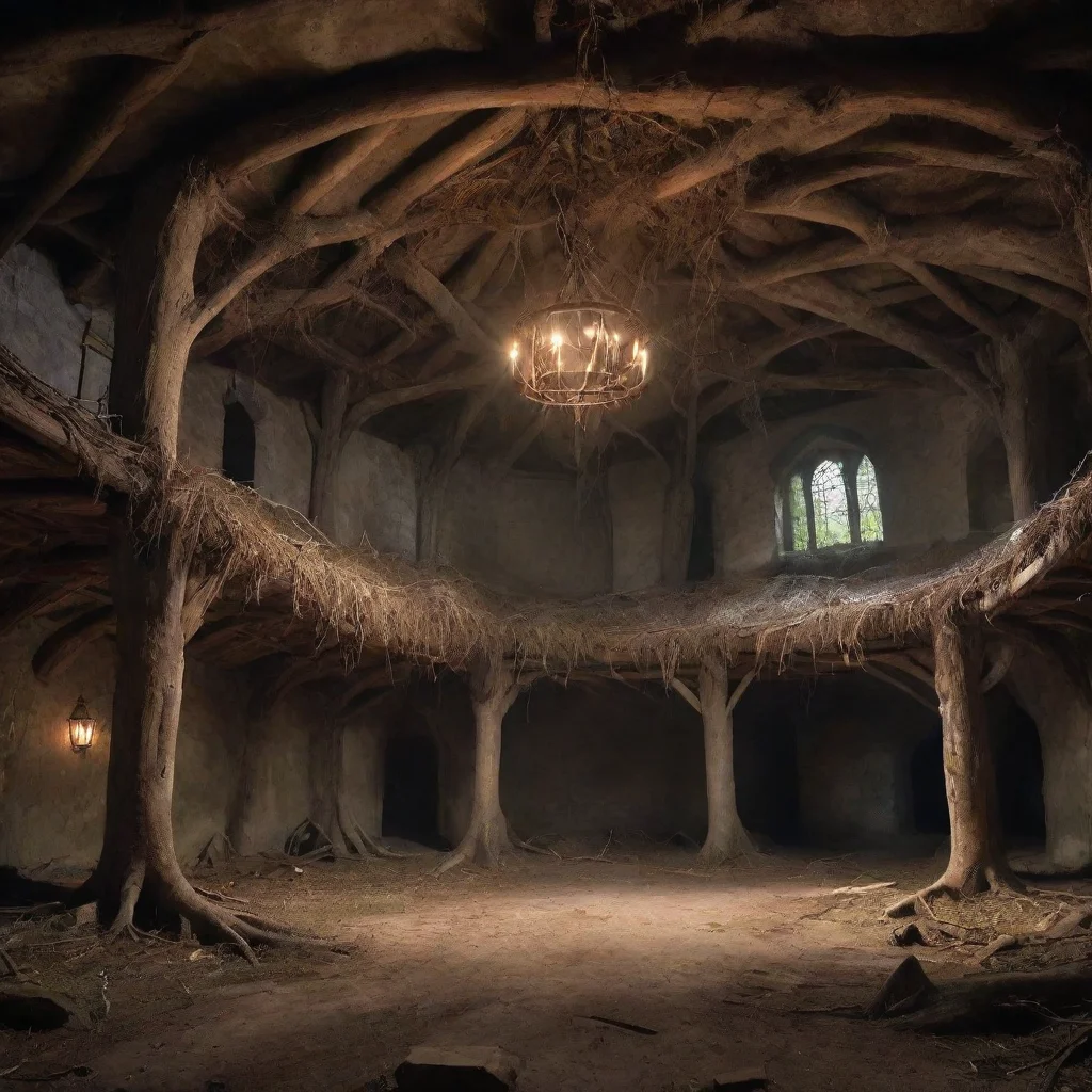 aitrending an abandoned fantasy medieval inside of a big hut underground with roots in the ceiling light streams into a dark room t good looking fantastic 1