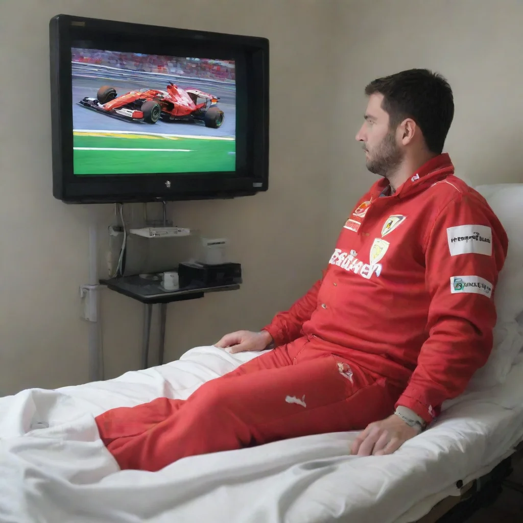 trending an excel spreadsheet in a hospital bed in a ferrari suit watching the formula 1 on tv good looking fantastic 1