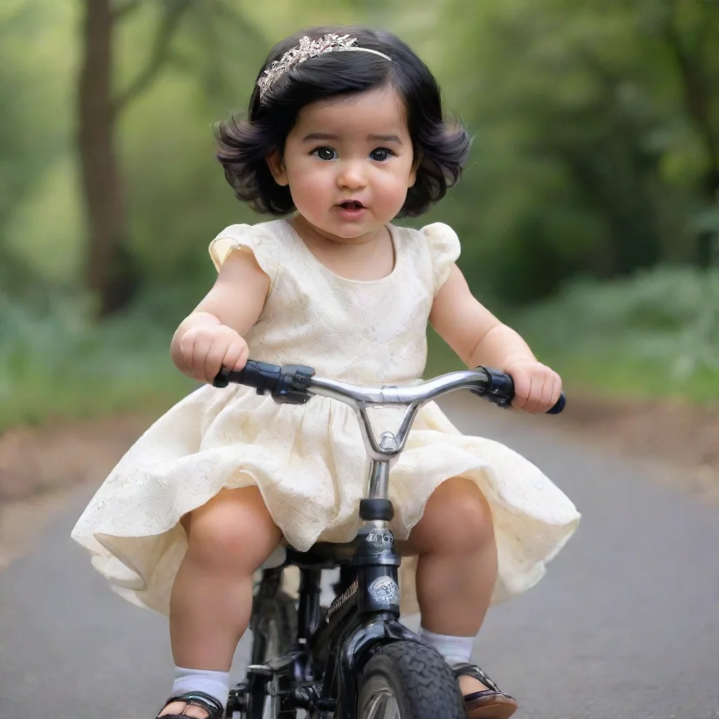 trending an ultra realsitic baby girl who is riding a cycle who has black hair and wearing dress like princess. she is as gorgous as princess diana good looking fantastic 1