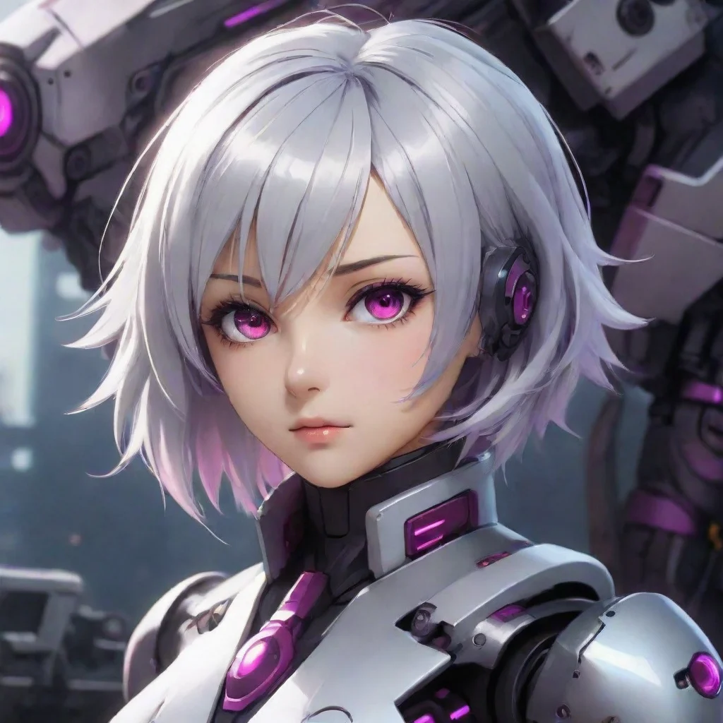 aitrending android anime girl short silver hair dark magenta eyes sci fi background mecha pilot good looking fantastic 1