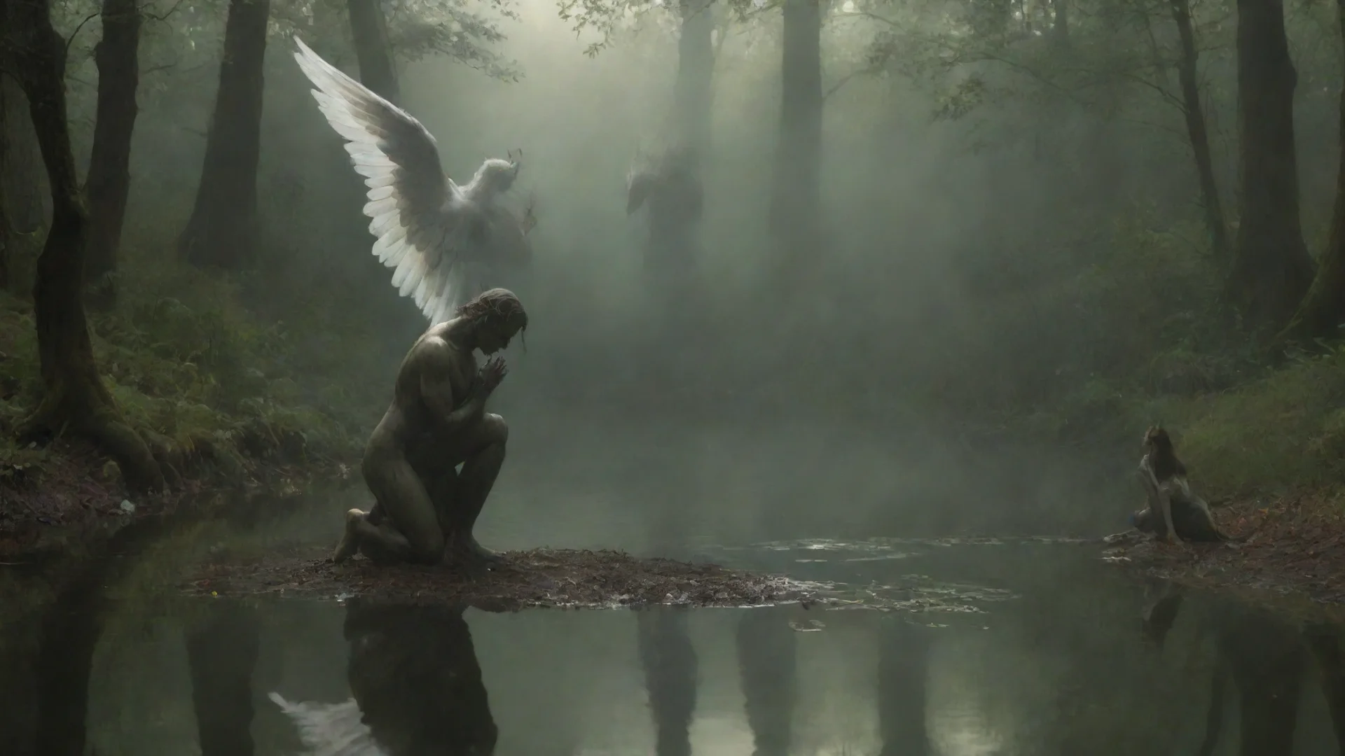 aitrending angel kneeling by pond looking at reflection with a demon staring back in the water%2C with a forest background good looking fantastic 1 wide