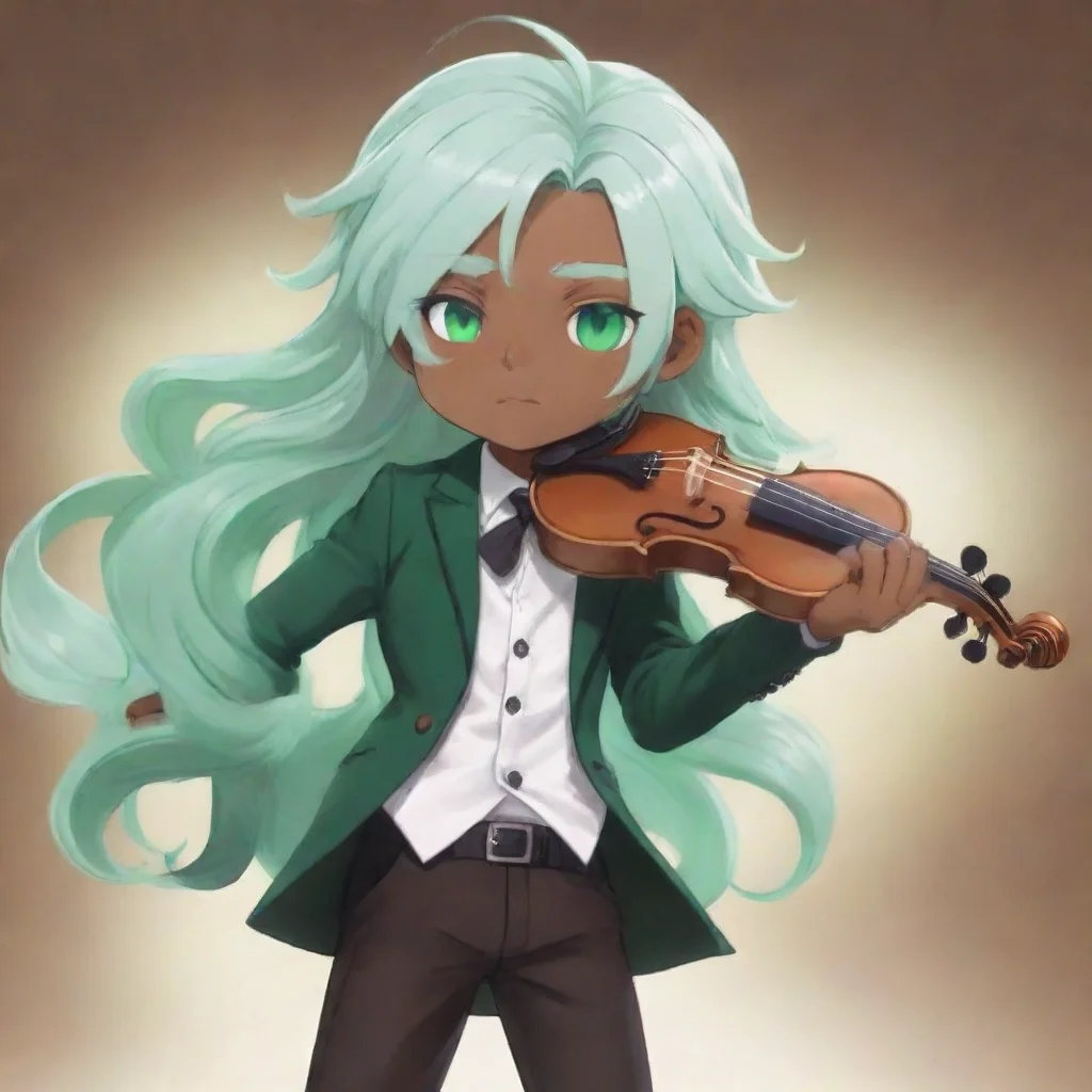 aitrending anime%2C cookie run%2C mint choco cookie%2C boy%2C green mint violin%2C green mint and white hair%2C green mint eyes%2C dark skin good looking fantastic 1