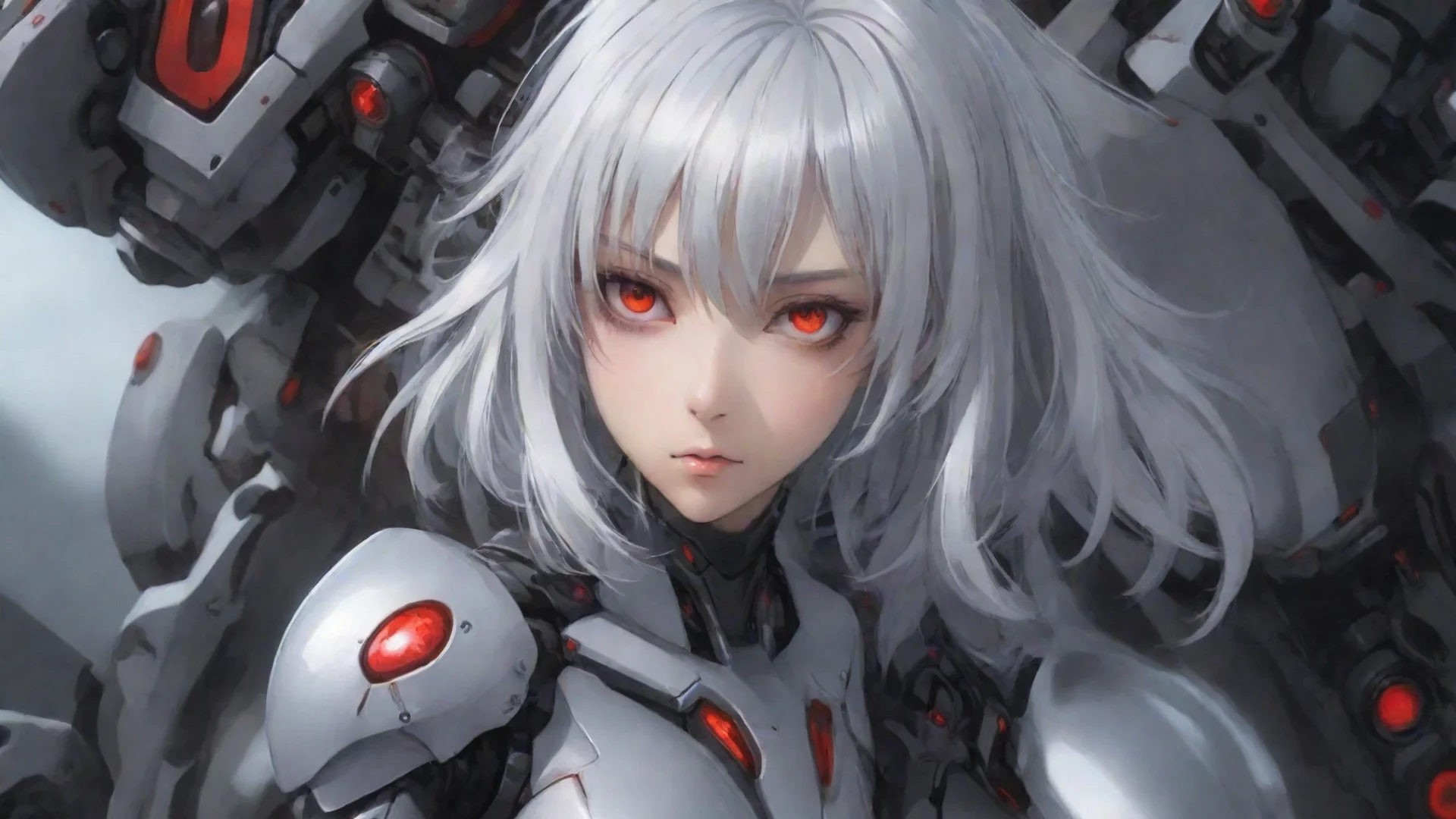 aitrending anime android woman red eyes medium silver hair mecha pilot futuristic background good looking fantastic 1 wide