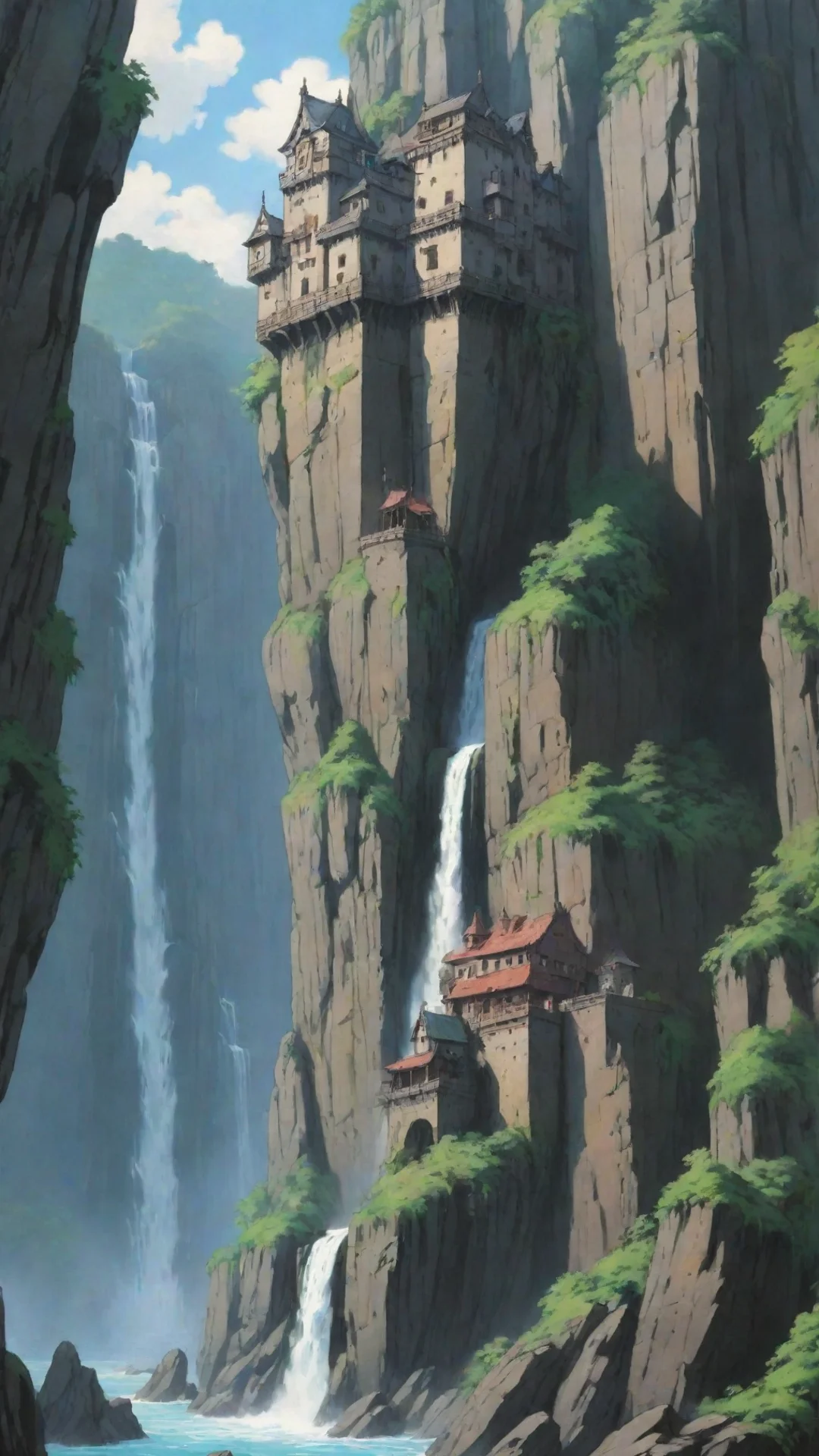 aitrending anime ghibli towering castle cliff overhang with waterfall hs detailed extreme good looking fantastic 1 tall