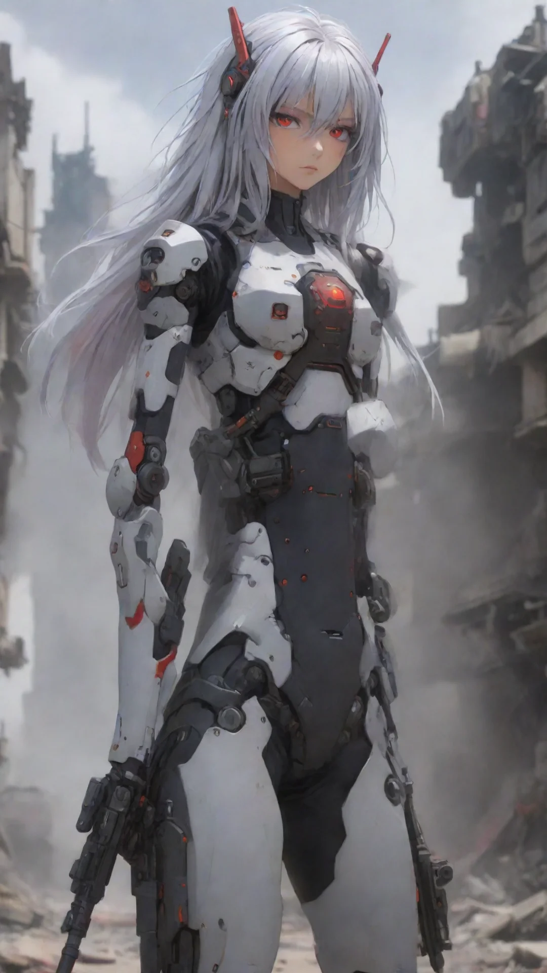 trending anime girl silver hair red eyes mecha pilot with carbine standing in war zone good looking fantastic 1 tall