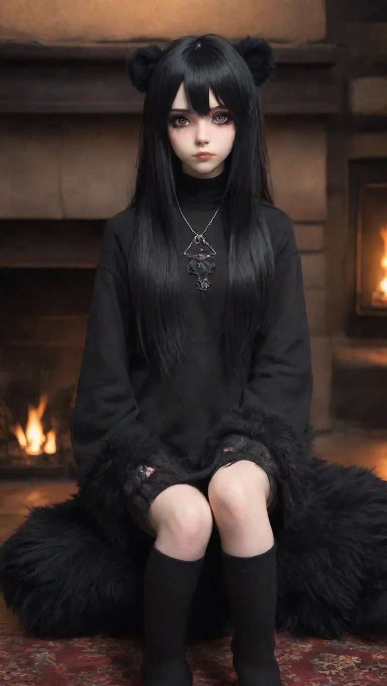 aitrending anime goth girl sitting in front of a fireplace with a bear skin rug  good looking fantastic 1 tall