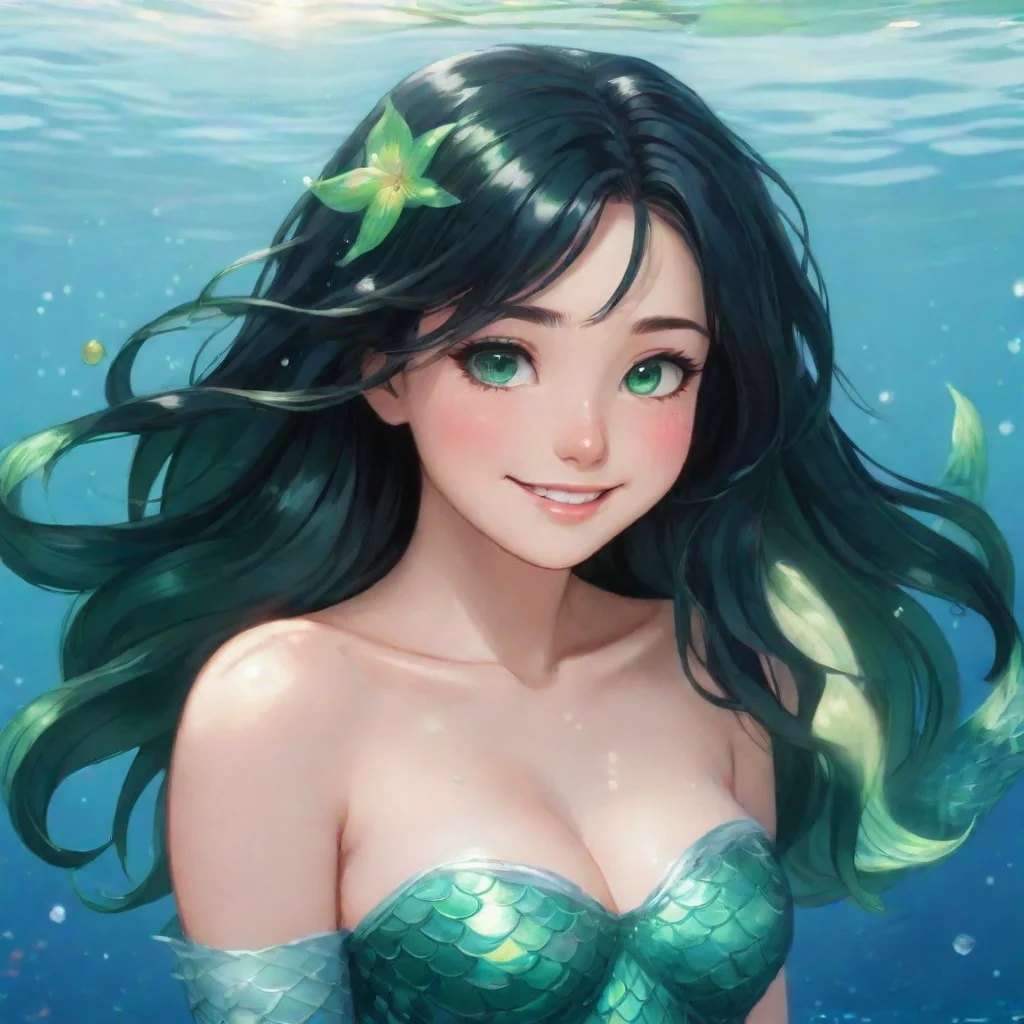 trending anime mermaid with black hair and green eyes smiling good looking fantastic 1