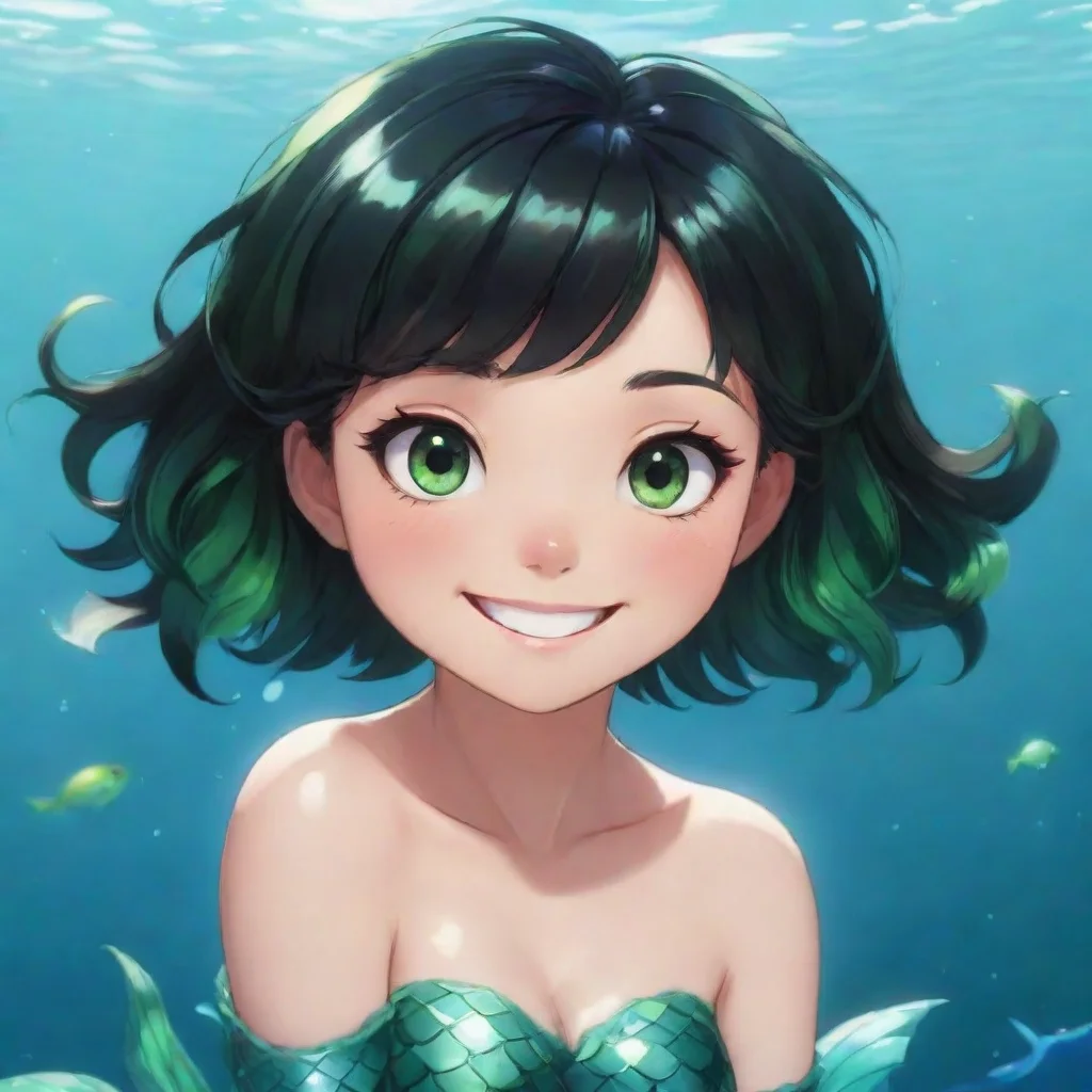 aitrending anime mermaid with short black hair and green eyes smiling good looking fantastic 1