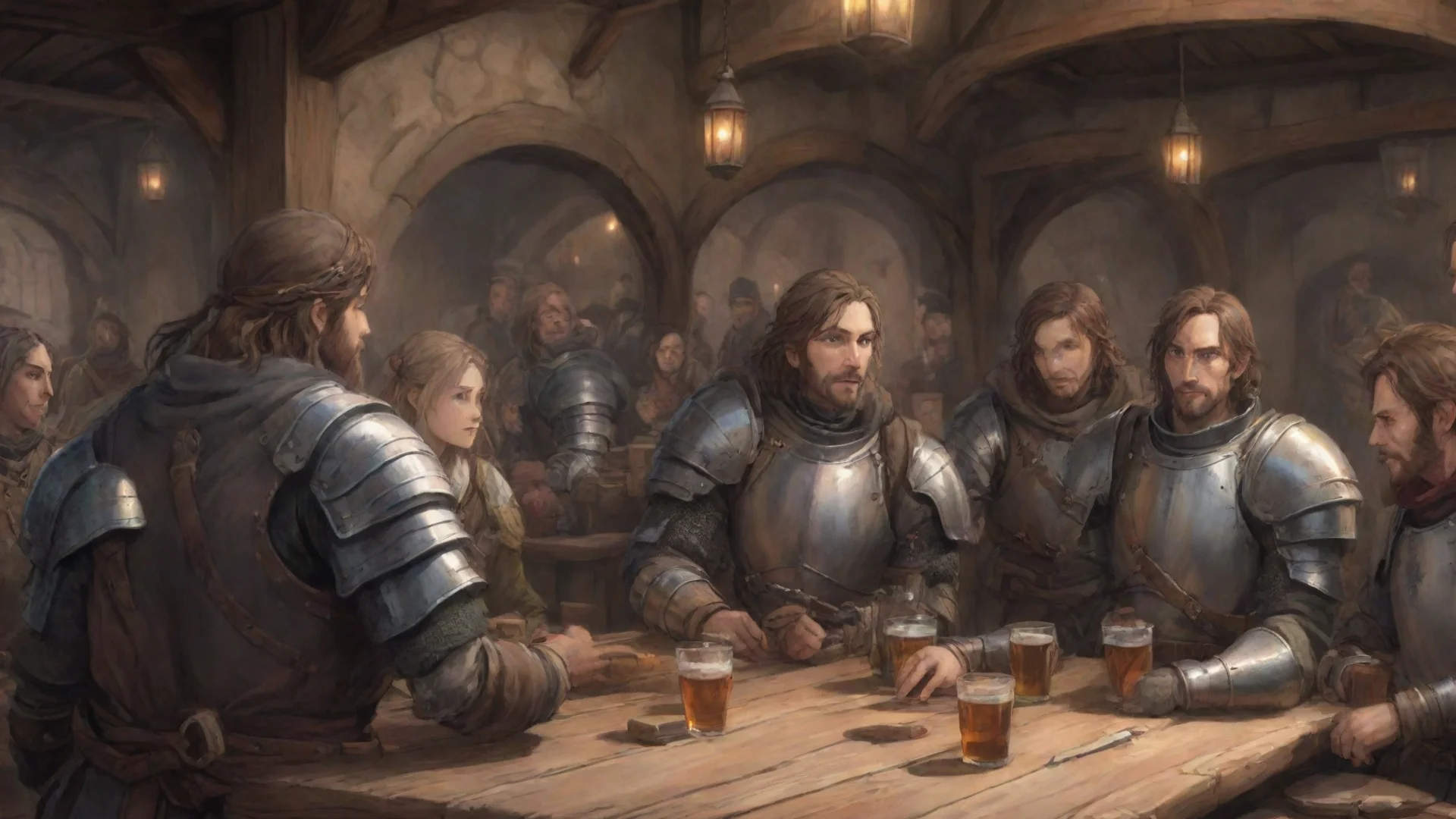 aitrending anime style%2C european medieval rpg tavern with many people drinking%2C close up on a table where three adventurer having a talk%2C they are armored%2C  good looking fantastic 1 wide