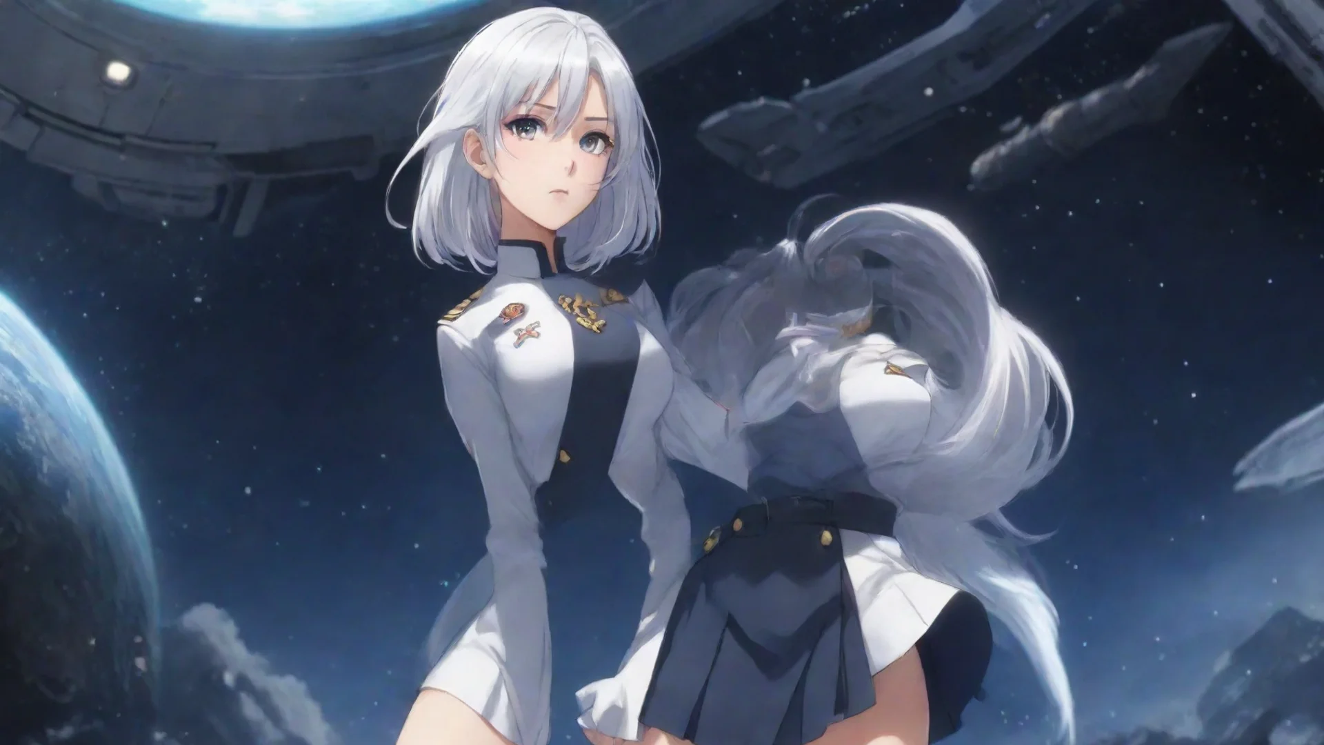 aitrending anime style%2C white hair female%2C military commander%2C science fiction%2C space ship%2C skirt uniform good looking fantastic 1 wide