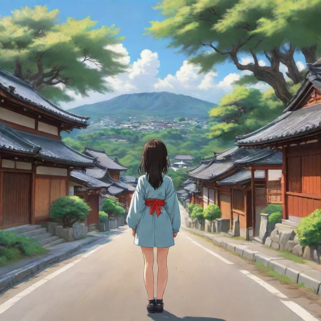 trending anime style picture of a young girl viewed from behind standing on the road in a large village with trees and japanese temple style houses good looking fantastic 1