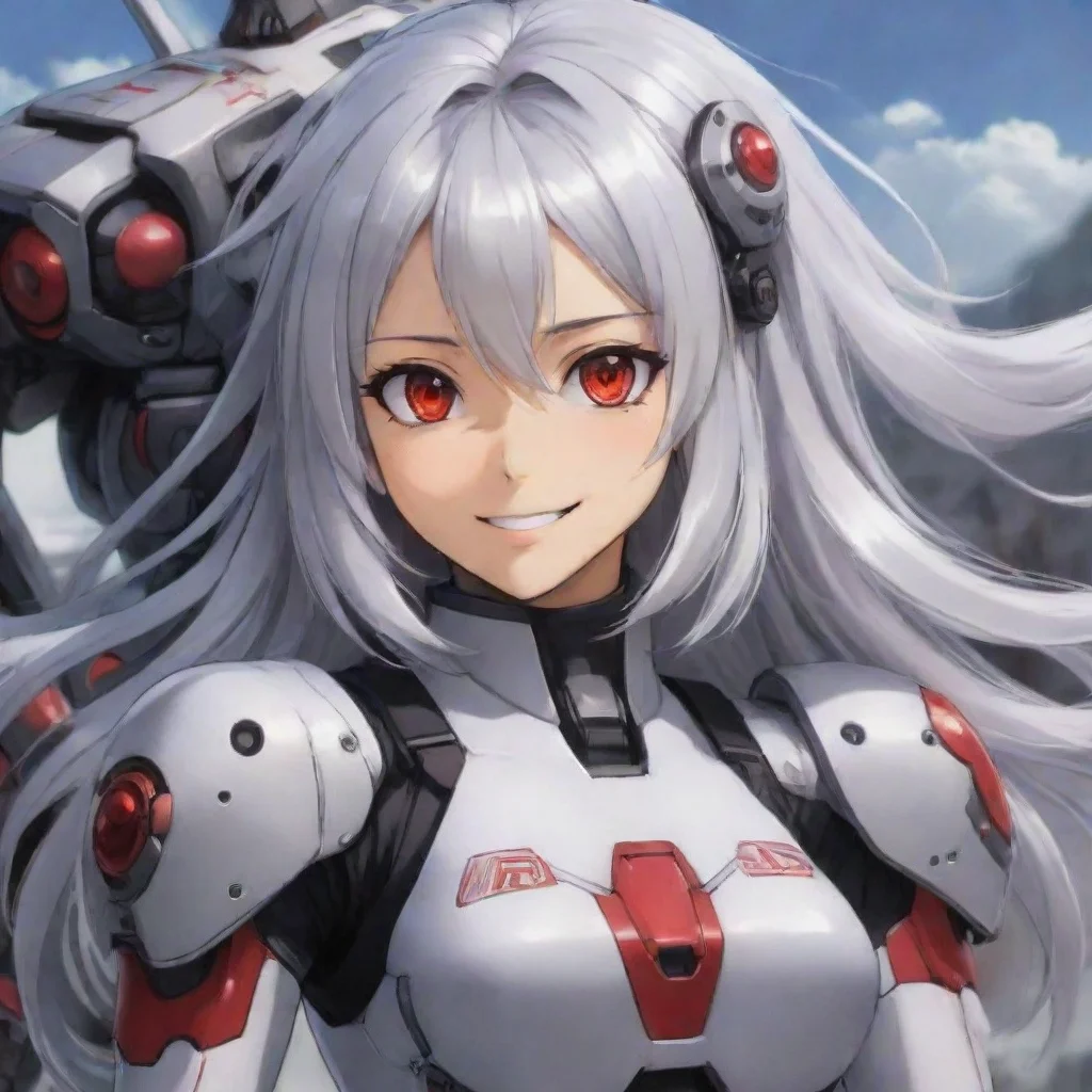 aitrending anime woman shoulder length silver hair red eyes smiling mecha pilot good looking fantastic 1