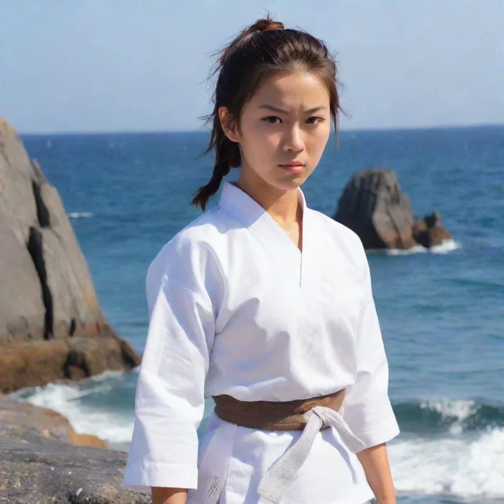aitrending aoyagi toya with ponytail stadning in a rock beside the sea wearing a white shirts of karate good looking fantastic 1