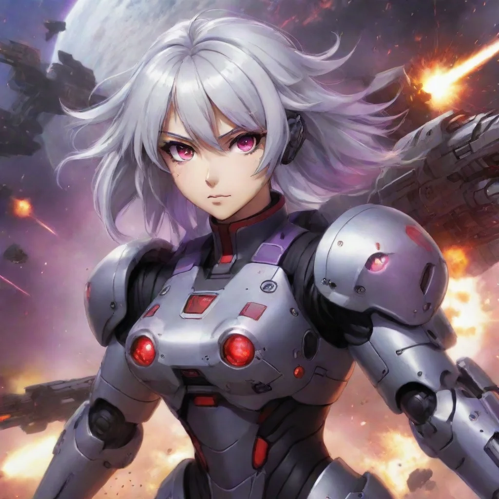 aitrending armed mecha pilot girl%2C shorter silver hair%2C red purple eyes%2C anime space background%2C battlecruiser%2C explosions%2C fighting%2C lasers good looking fantastic 1