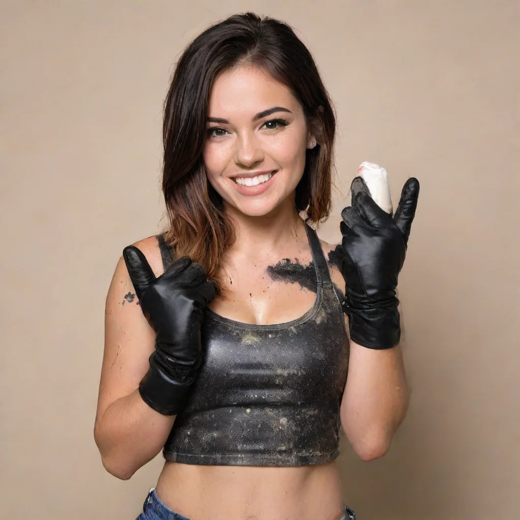 aitrending ashley mae sebera smiling with black gloves and gun and mayonnaise splattered everywhere good looking fantastic 1