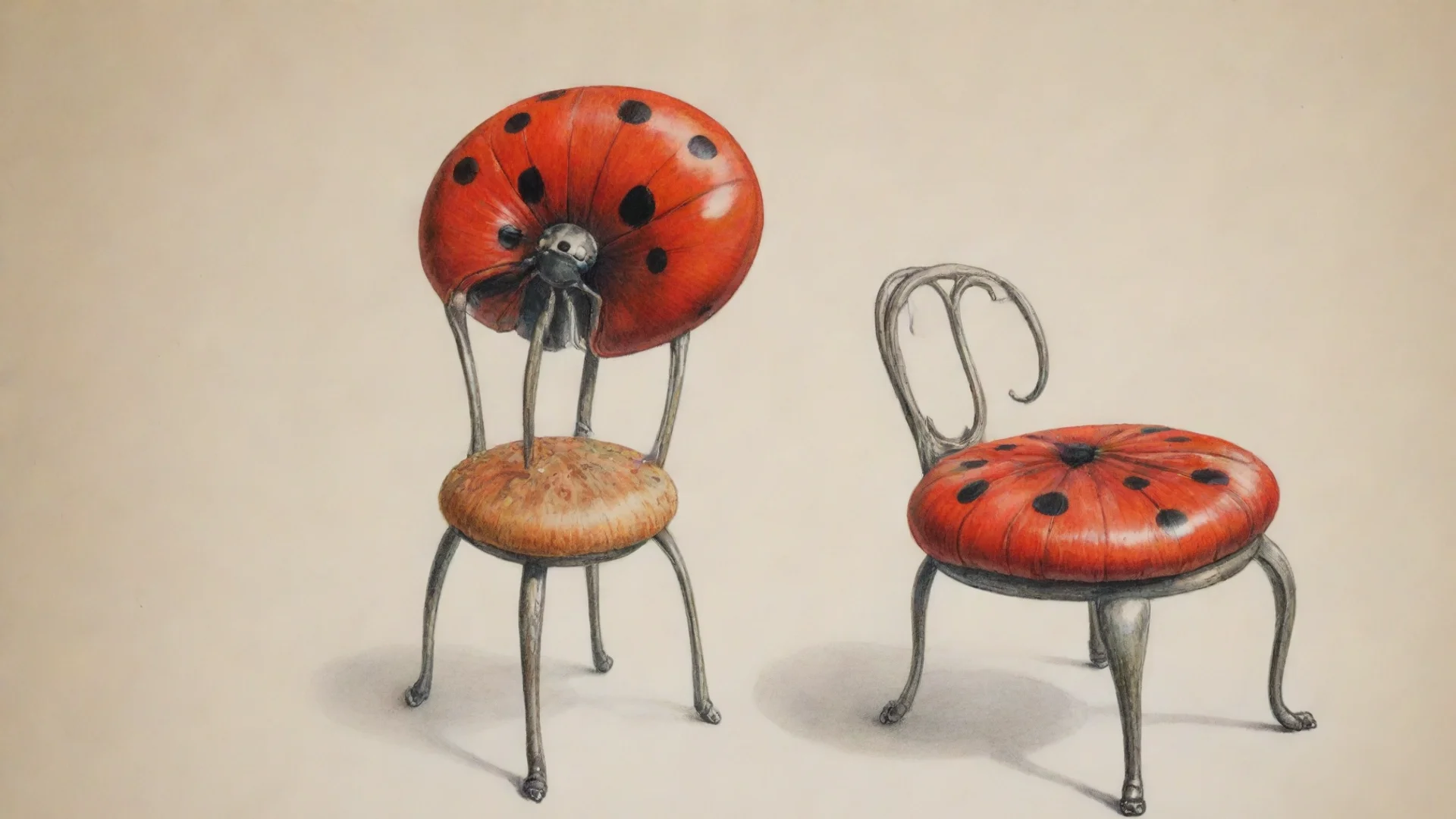 aitrending avant garde chair. novel chair%2C detailed drawing%2C colored drawing of chair%2C inspired with the lady bug and mushroom good looking fantastic 1 wide
