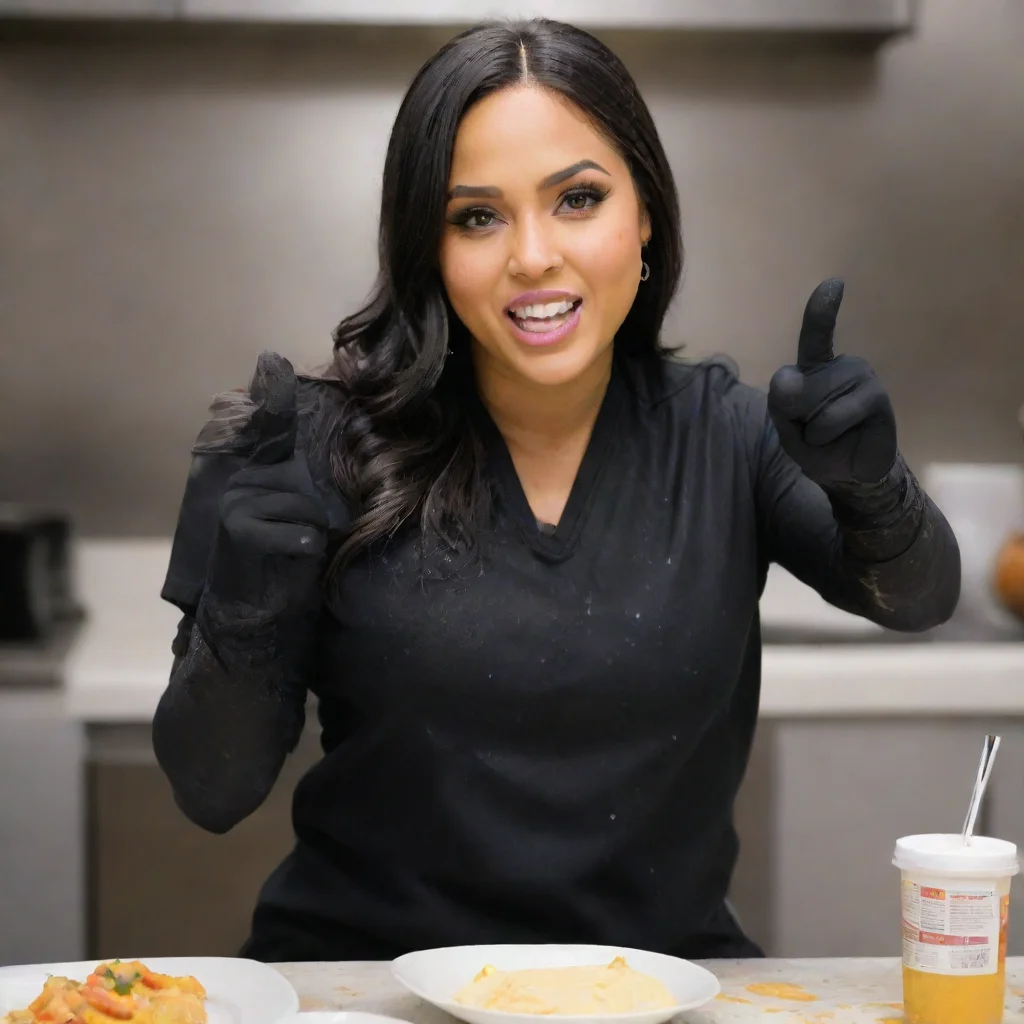 aitrending ayesha curry sticking the middle finger smiling  with black comfy nitrile gloves  and gun and mayonnaise splattered everywhere good looking fantastic 1