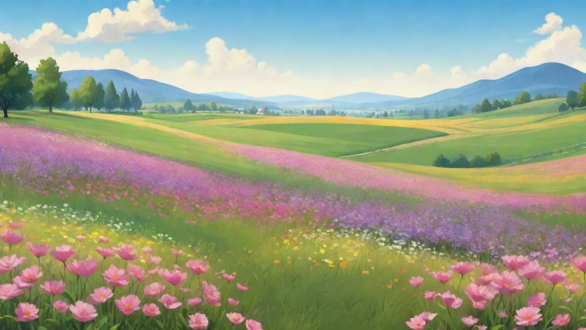 trending background sweeping landscape fields of flowers peaceful relaxing cartoon realisism hd good looking fantastic 1 wide