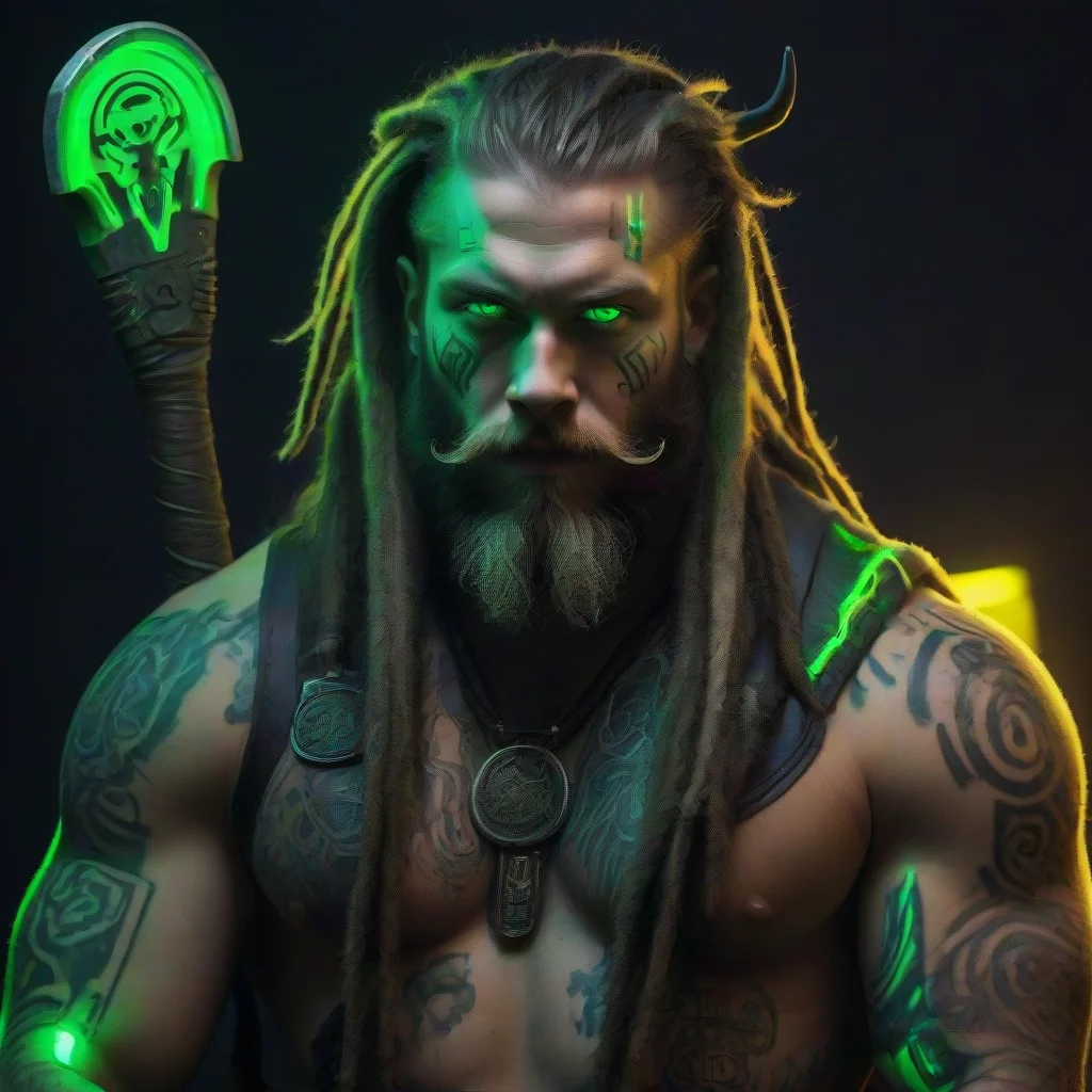 aitrending bearded dreadlocks cyberpunk neon viking green glow tattooed odin franzika axe good looking fantastic 1