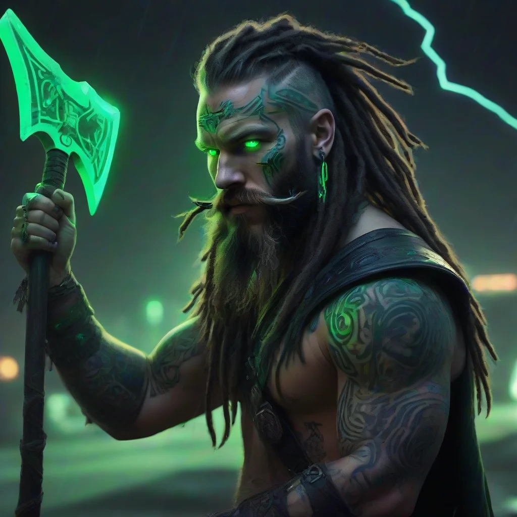 aitrending bearded dreadlocks cyberpunk neon viking green glow tattooed odin raven double axe dark wild thunder storm good looking fantastic 1