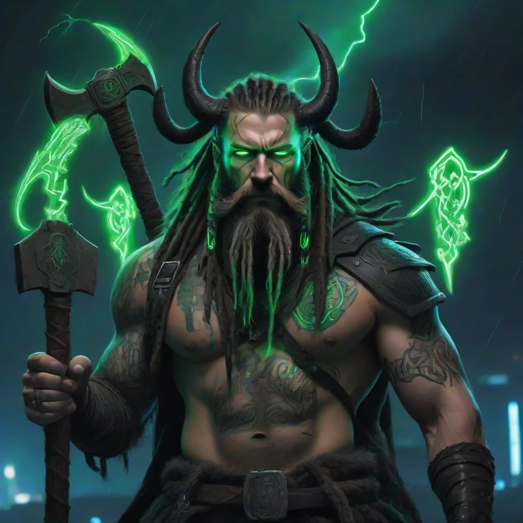aitrending bearded dreadlocks cyberpunk neon viking sixpack green glowing tattooed odin raven hugin munin double axe dark wild thunder storm ragnar%C3%B6k good looking fantastic 1