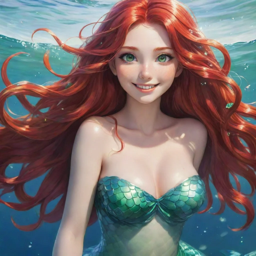 aitrending beautiful anime mermaid long%2C flowing red hair and vibrant green eyes smiling.  good looking fantastic 1