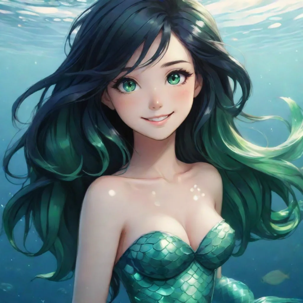 aitrending beautiful anime mermaid with black hair and and green eyes smiling good looking fantastic 1
