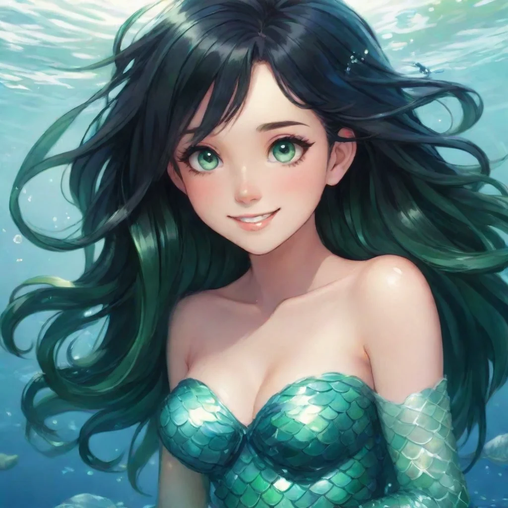 aitrending beautiful anime mermaid with black hair and green eyes smiling good looking fantastic 1