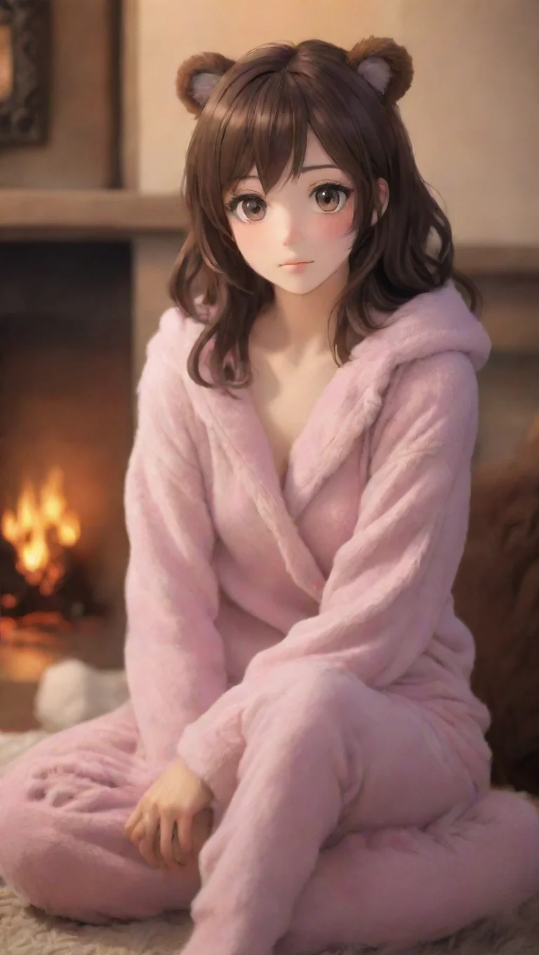 aitrending beautiful anime woman sitting in front of a fireplace with a bear skin rug and pajamas to keep warm good looking fantastic 1 tall