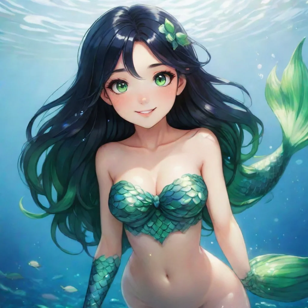 aitrending beautiful happy anime mermaid with black hair and and green eyes good looking fantastic 1