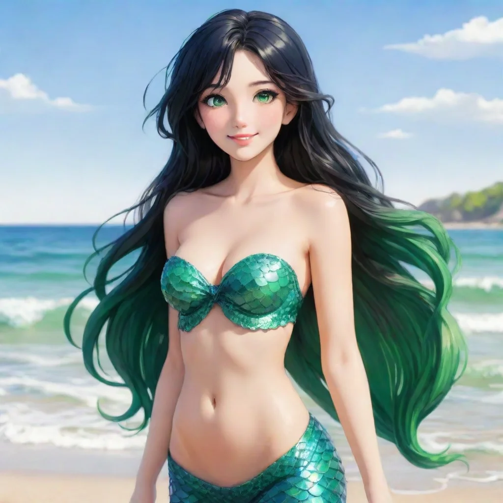 aitrending beautiful smiliing anime mermaid with black hair and green eyes on the beach good looking fantastic 1