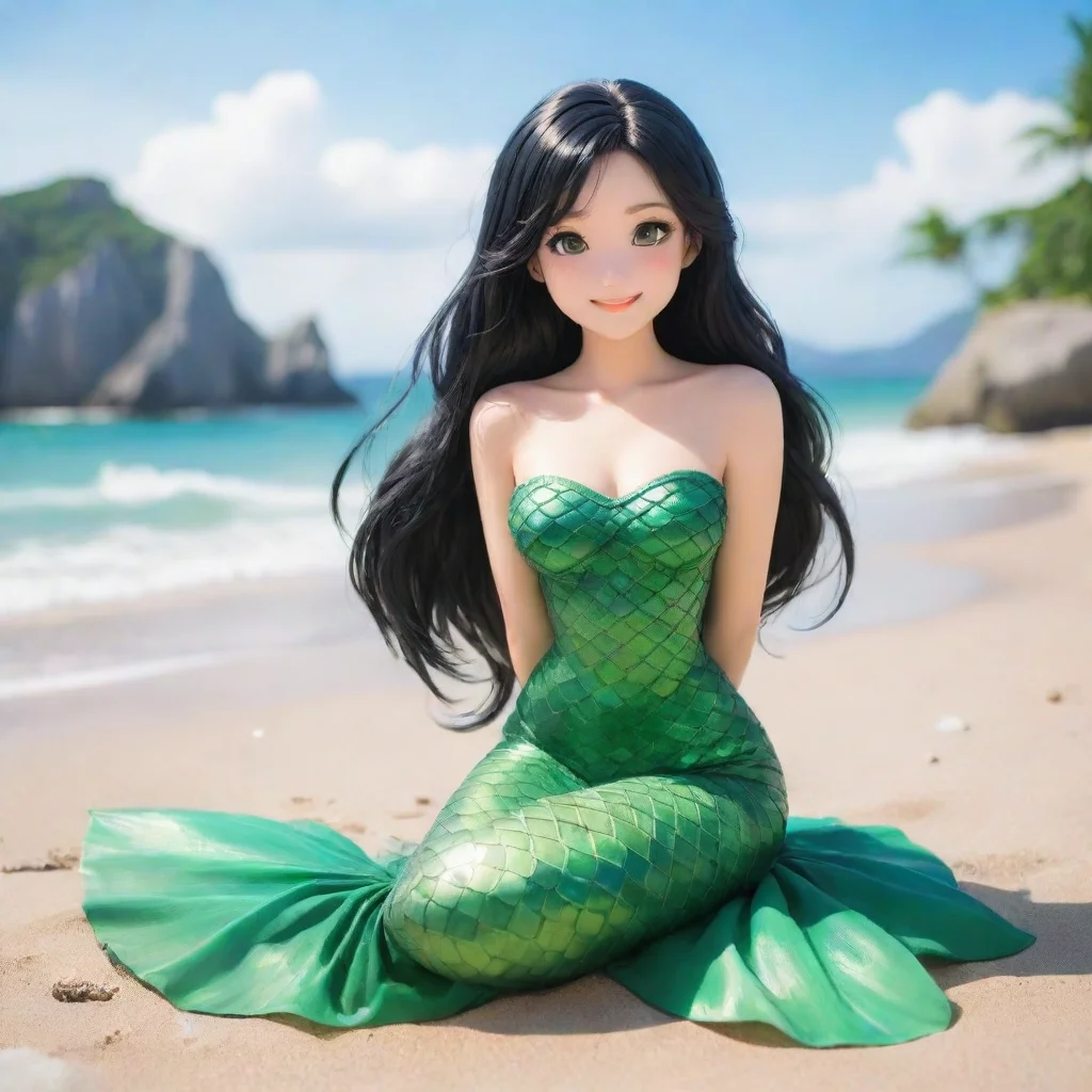 aitrending beautiful smiling anime mermaid with black hair and green sitting on the beach good looking fantastic 1