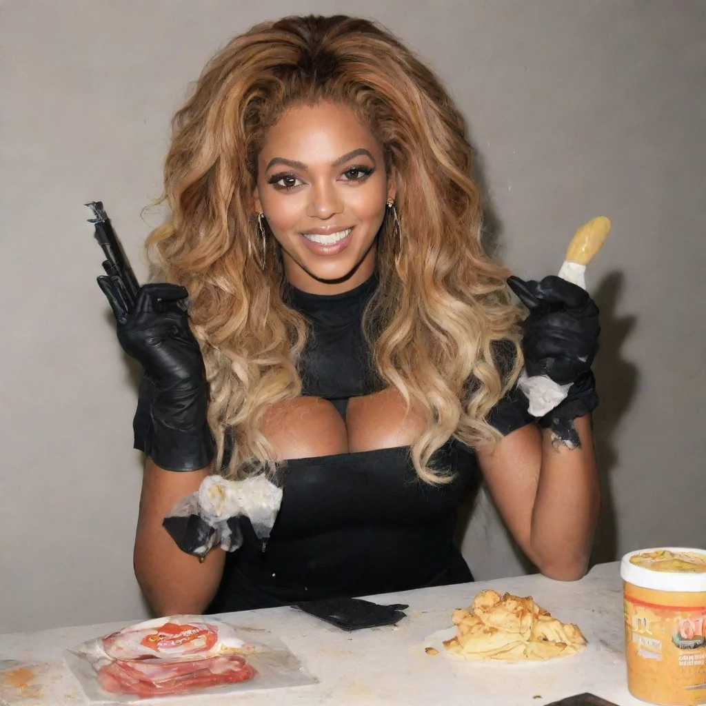 aitrending beyonce smiling  with black nitrile gloves and gun and mayonnaise splattered everywhere good looking fantastic 1