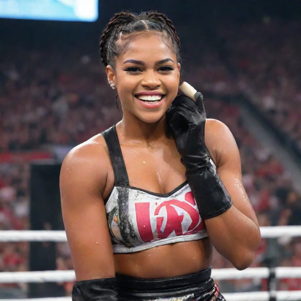 aitrending bianca belair  at wrestlemania 37 smiling with black deluxe gloves and gun and mayonnaise splattered everywhere good looking fantastic 1