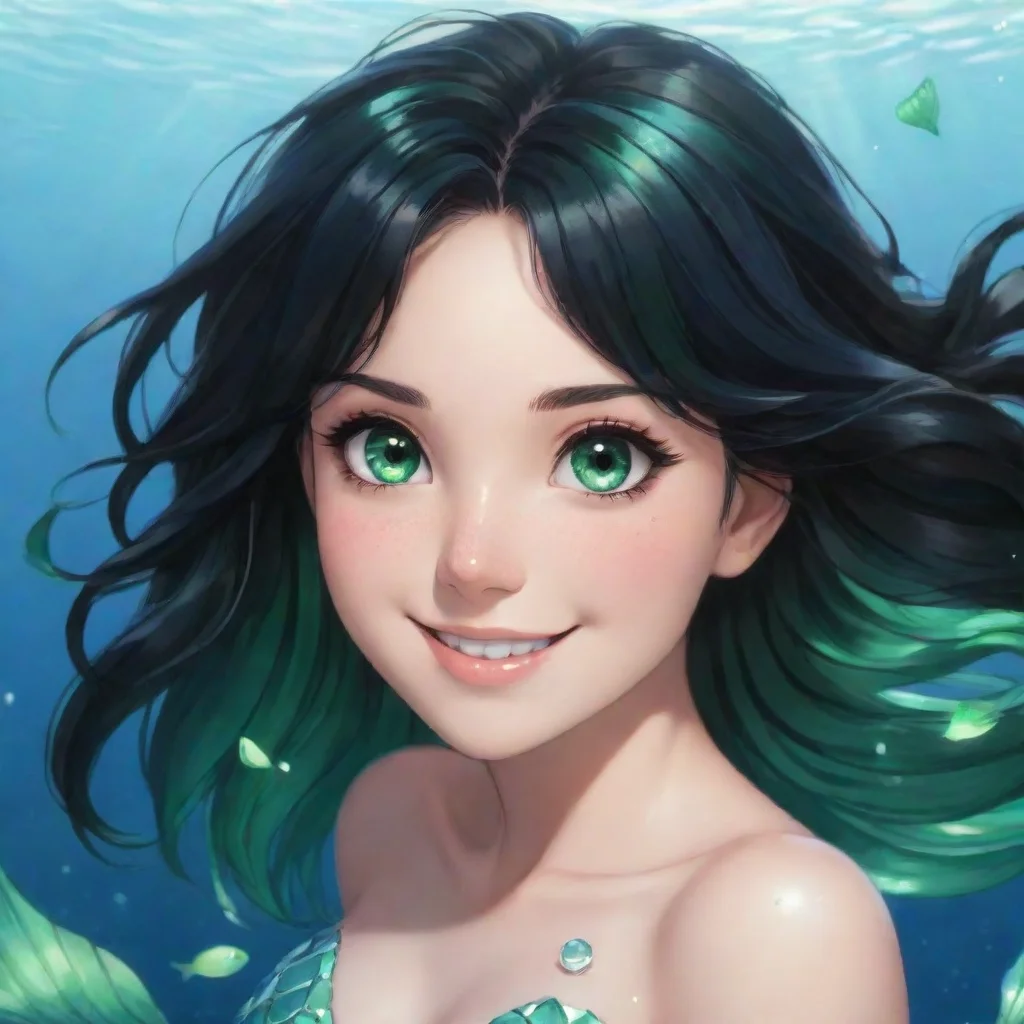 aitrending black haired anime mermaid with green eyes smiling good looking fantastic 1