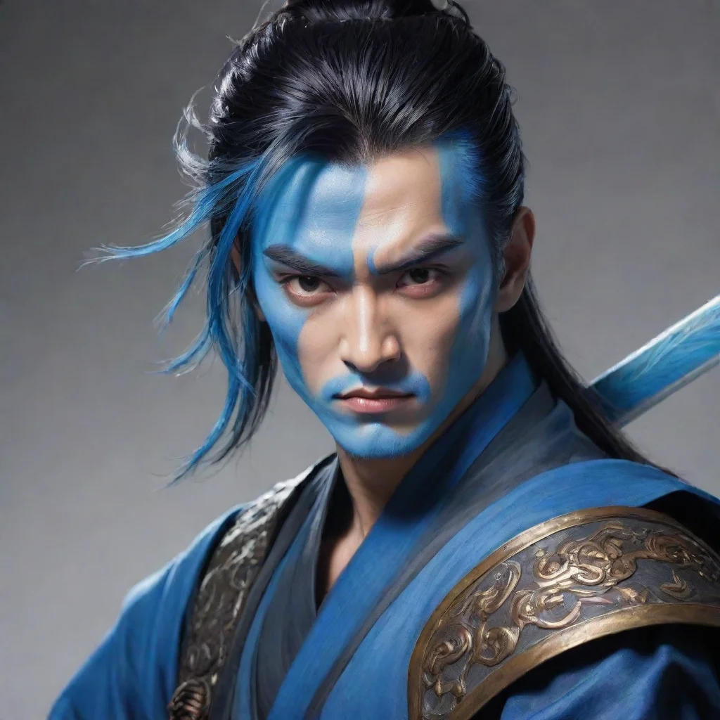 aitrending blue skinned male  comic portrait wuxia style with sword good looking fantastic 1