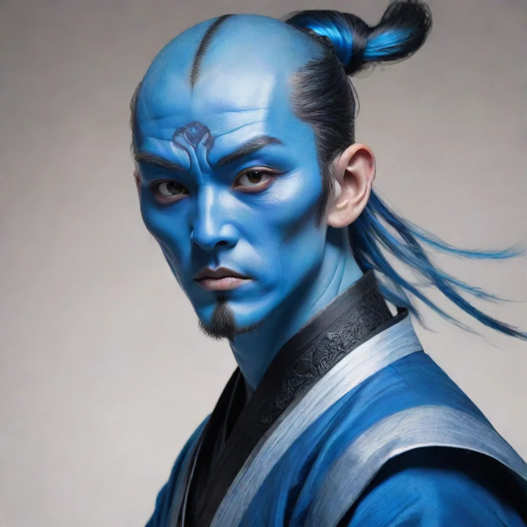 trending blue skinned male earless comic portrait wuxia style with sword good looking fantastic 1