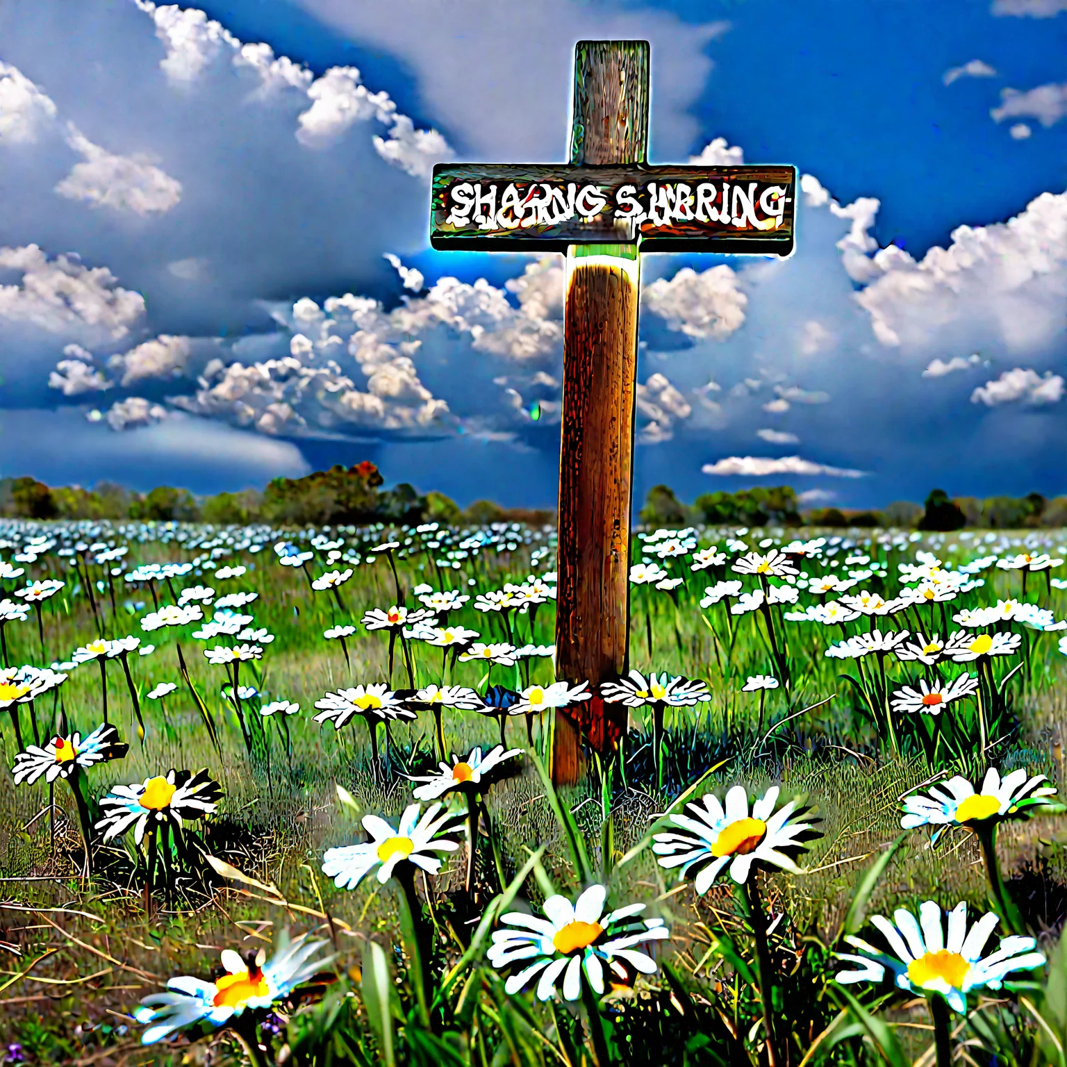 aitrending blue sky with white clouds%2C wooden cross with text %22sharing %26 caring%22%2C in a field of daisies and mountains in the background good looking fantastic 1