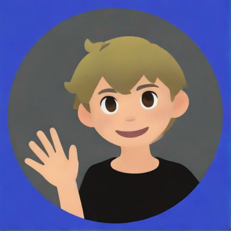 aitrending boy waving%2C blue circle edges%2C grey background%2C dark blond hair%2C animal crossing art style%2C black shirt good looking fantastic 1