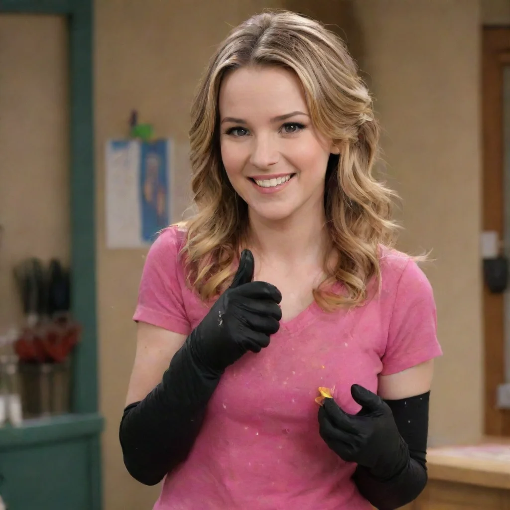 aitrending bridget mendler as teddy duncan  from good luck charlie  smiling with black nitrile gloves and gun and mayonnaise splattered everywhere good looking fantastic 1