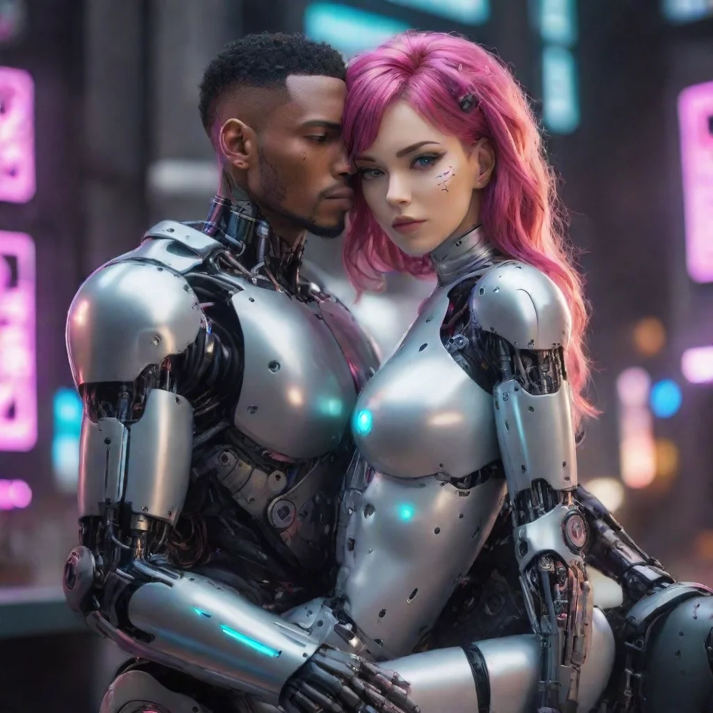 trending busty cyberpunk techno cuddling with cyborg robot good looking fantastic 1