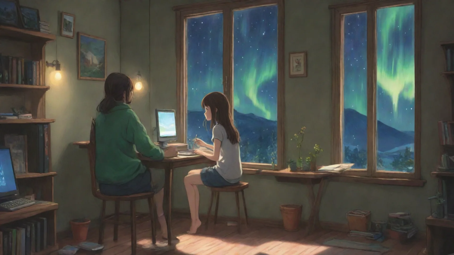 trending can you draw of a girl sitting on a chair and using a computer inside of his house and the window is like northern lights in studio ghibli art style good looking fantastic 1
