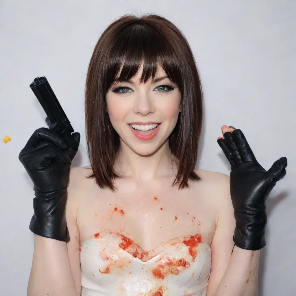 aitrending carly rae jepsen smiling with black gloves and gun and mayonnaise splattered everywhere good looking fantastic 1