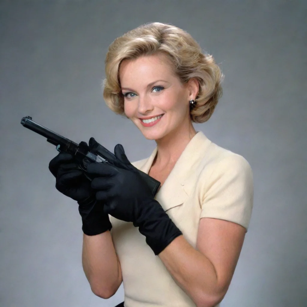 trending carolyn lawrence american actress and real estate broker smiling with black gloves and  gun  good looking fantastic 1