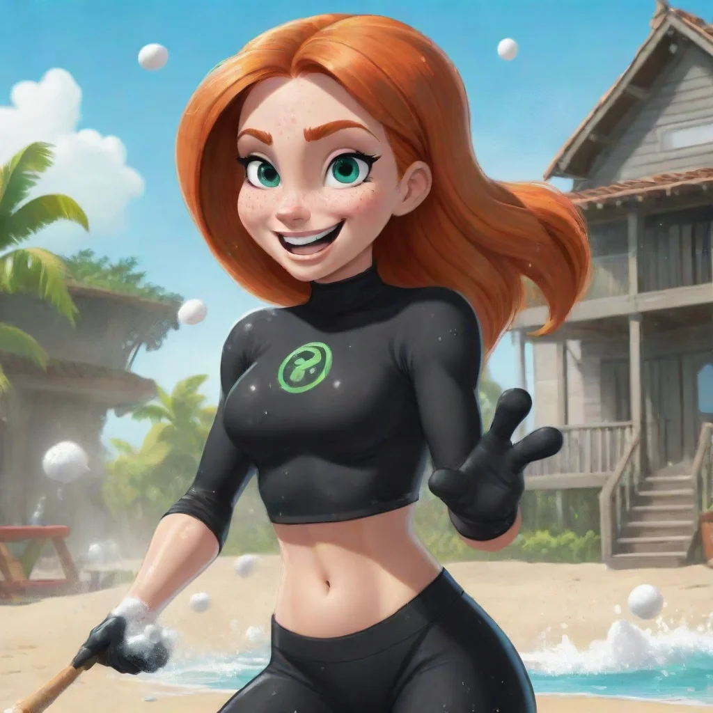 trending cartoon kim possible  smiling seriously at a beach house in jamaica with black gloves and powerful rocket launcher and mayonnaise splashing and splattered everywhere squeezing gooey sticky 