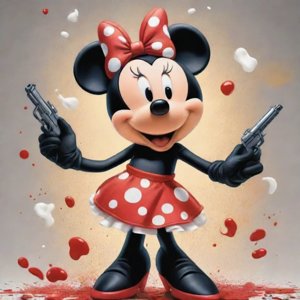 aitrending cartoon minnie mouse from disney with black gloves and gun and mayonnaise splattered everywhere good looking fantastic 1