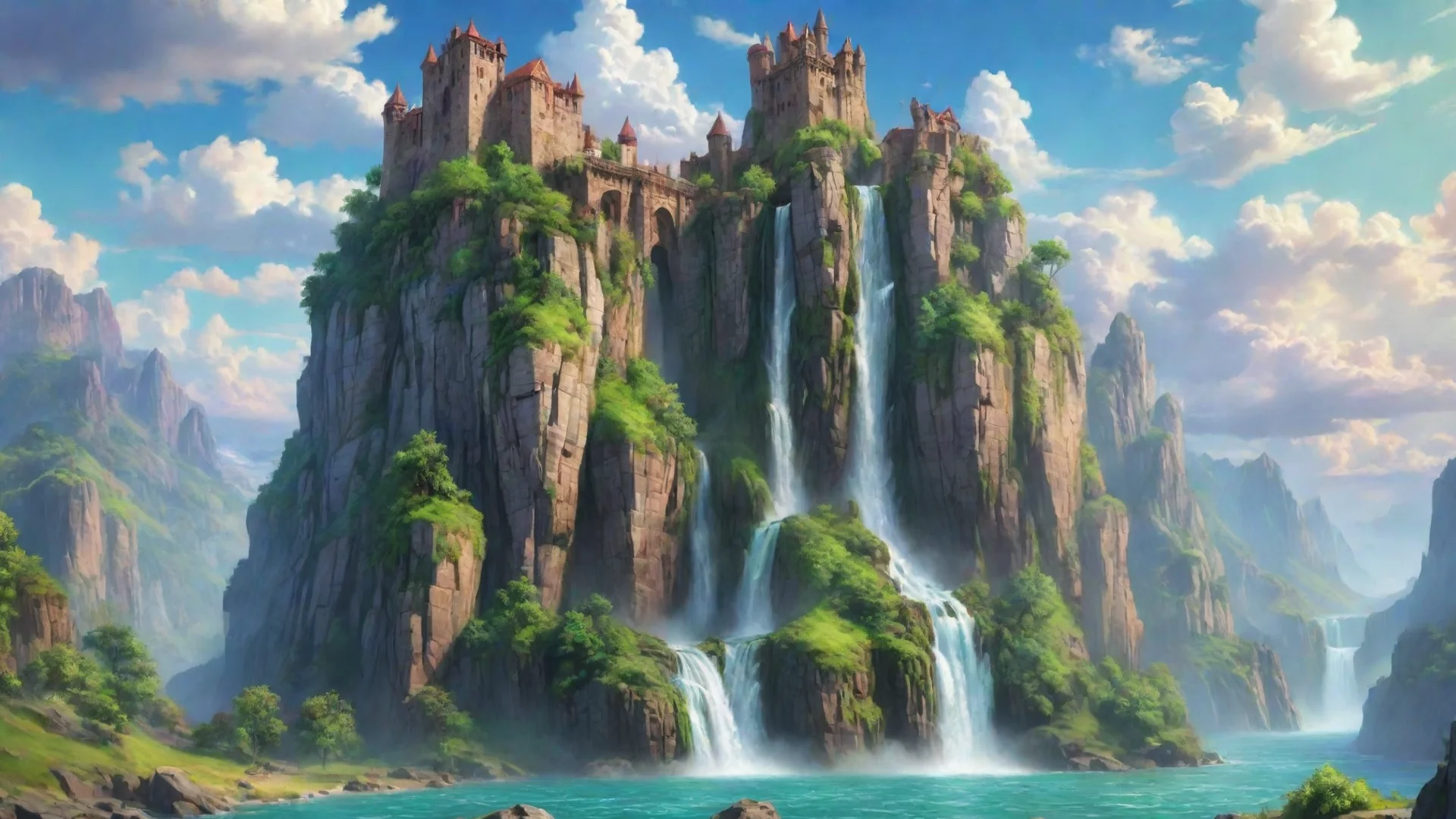 aitrending castle cliffs waterfalls%2C sheer cartoon realistic hd wow lovely colorful clouds planet green  good looking fantastic 1 wide